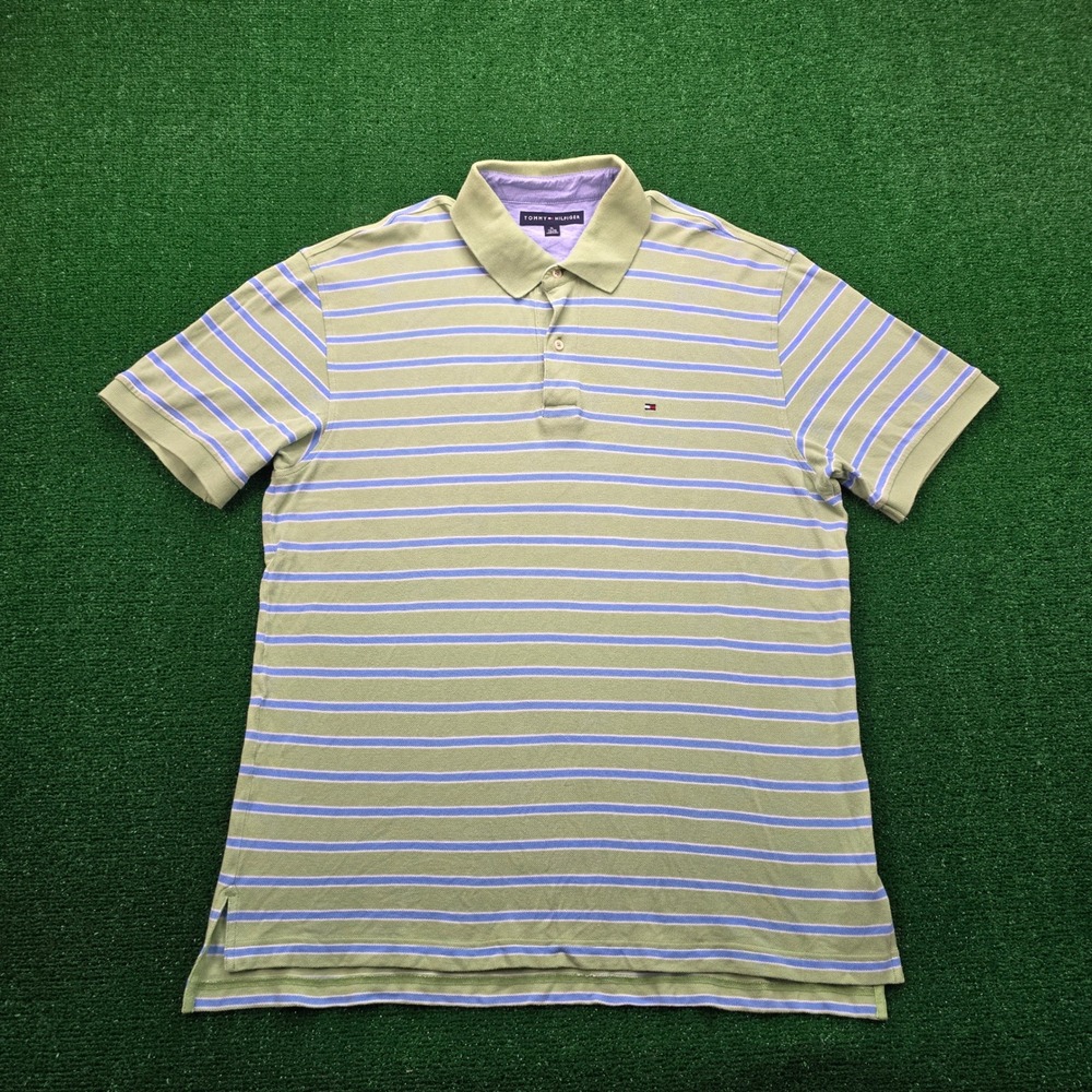 Tommy Hilfiger Polo Shirt Mens XL Green Blue Striped Pique Short Sleeve Classic